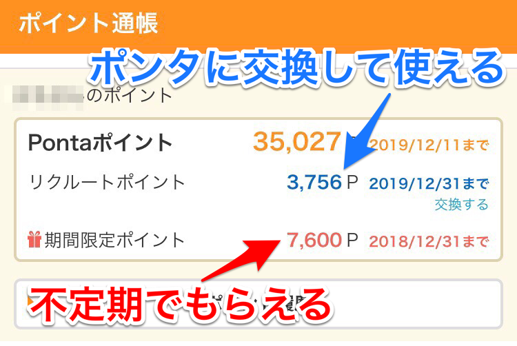 Pontaとリクルートポイントと期間用途限定ポイント