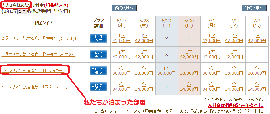 観音温泉ピグマリオンの宿泊料