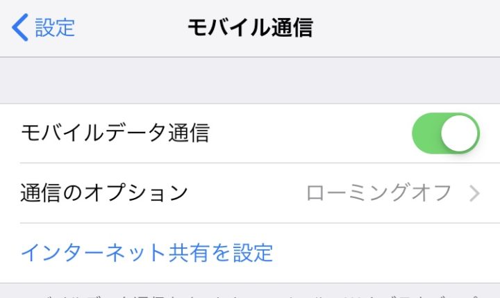 通信のオプションからローミングオンに